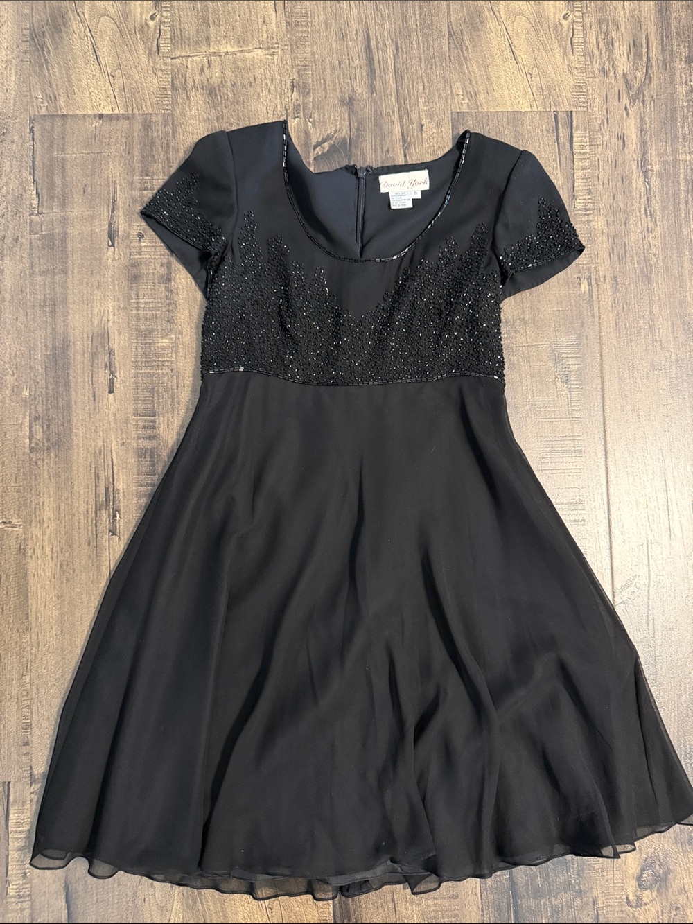 VINTAGE 100% Silk David York 90s Black Beaded Short Sleeve Mini Dress